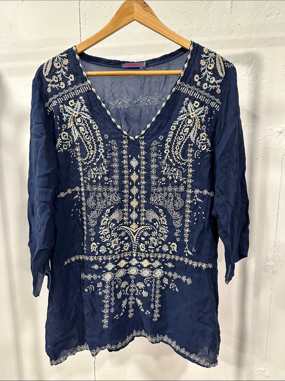 Johnny was embroidered blue long sleeve top shirt tunic